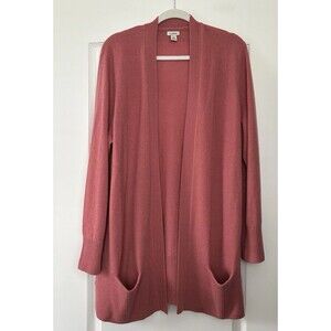 LL Bean Cashmere Cardigan Sweater Size 2X Plus Open Front Pockets Pink Cozy Soft